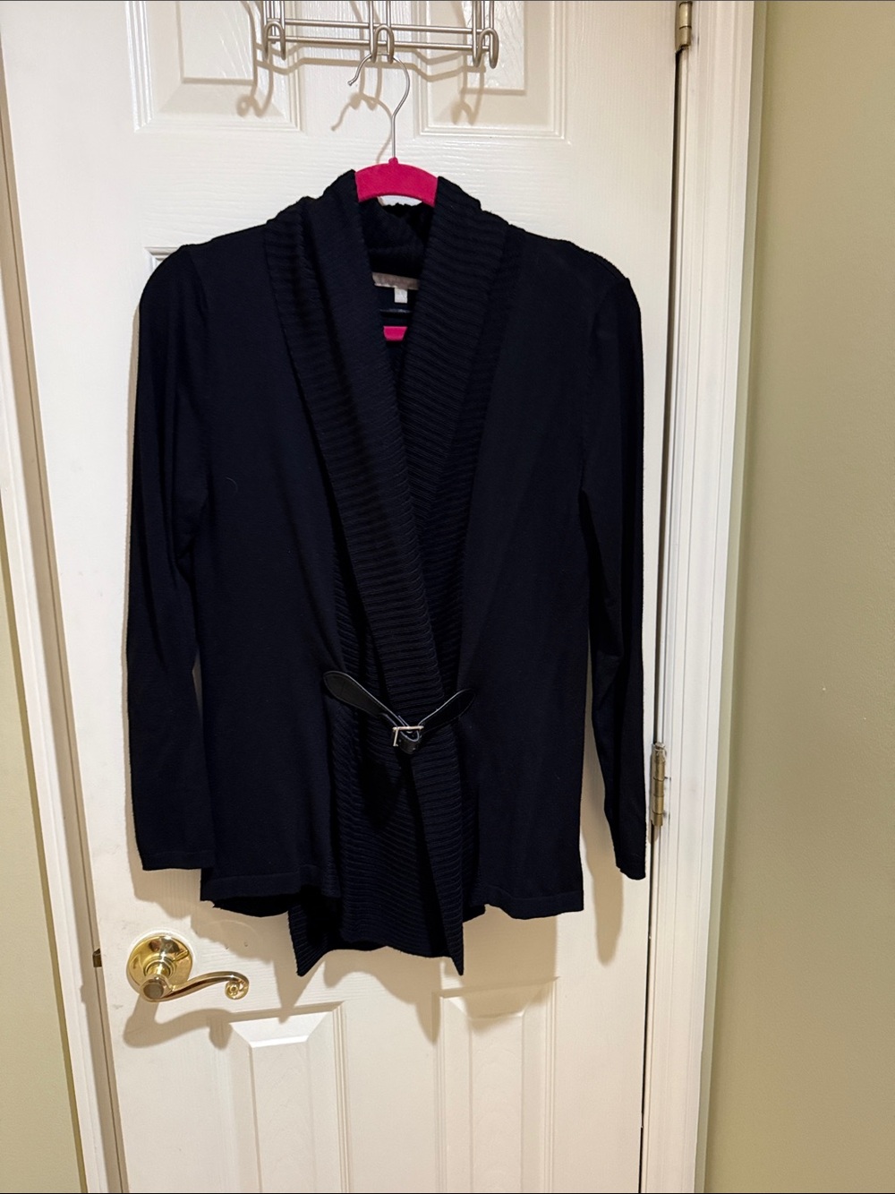 Joan Vass Black Open-Front Shawl Collar Cardigan with Buckle